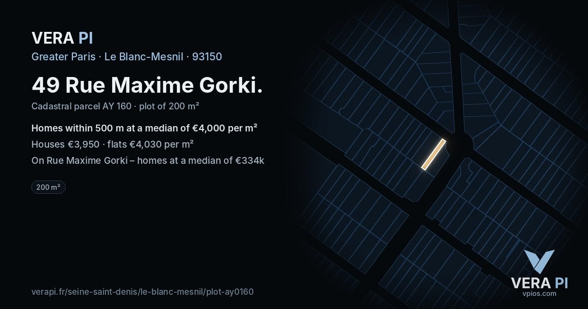 49 Rue Maxime Gorki, Le Blanc-Mesnil at night – the plot lit, the parcels around coloured by the prices near them