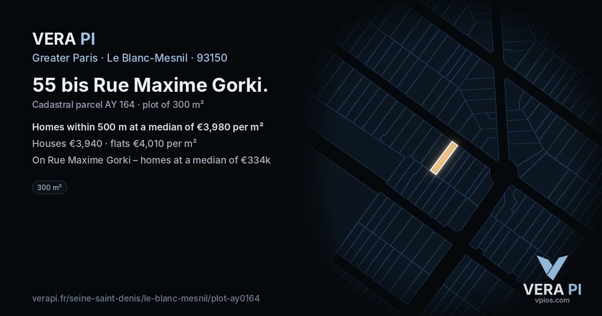 55 bis Rue Maxime Gorki, Le Blanc-Mesnil at night – the plot lit, the parcels around coloured by the prices near them