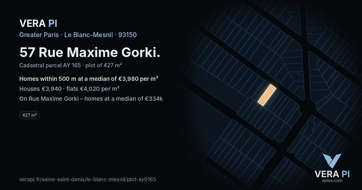 57 Rue Maxime Gorki, Le Blanc-Mesnil at night – the plot lit, the parcels around coloured by the prices near them