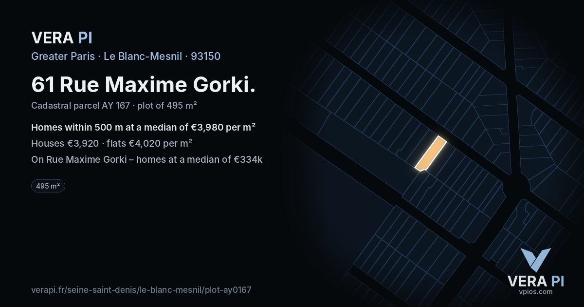 61 Rue Maxime Gorki, Le Blanc-Mesnil at night – the plot lit, the parcels around coloured by the prices near them