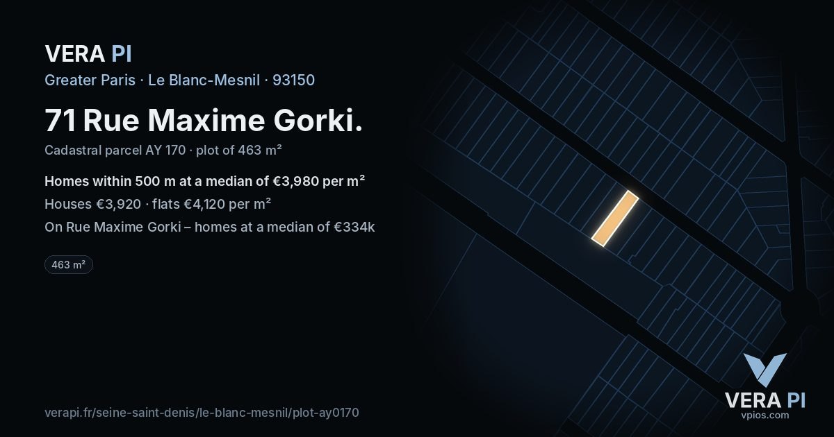 71 Rue Maxime Gorki, Le Blanc-Mesnil at night – the plot lit, the parcels around coloured by the prices near them