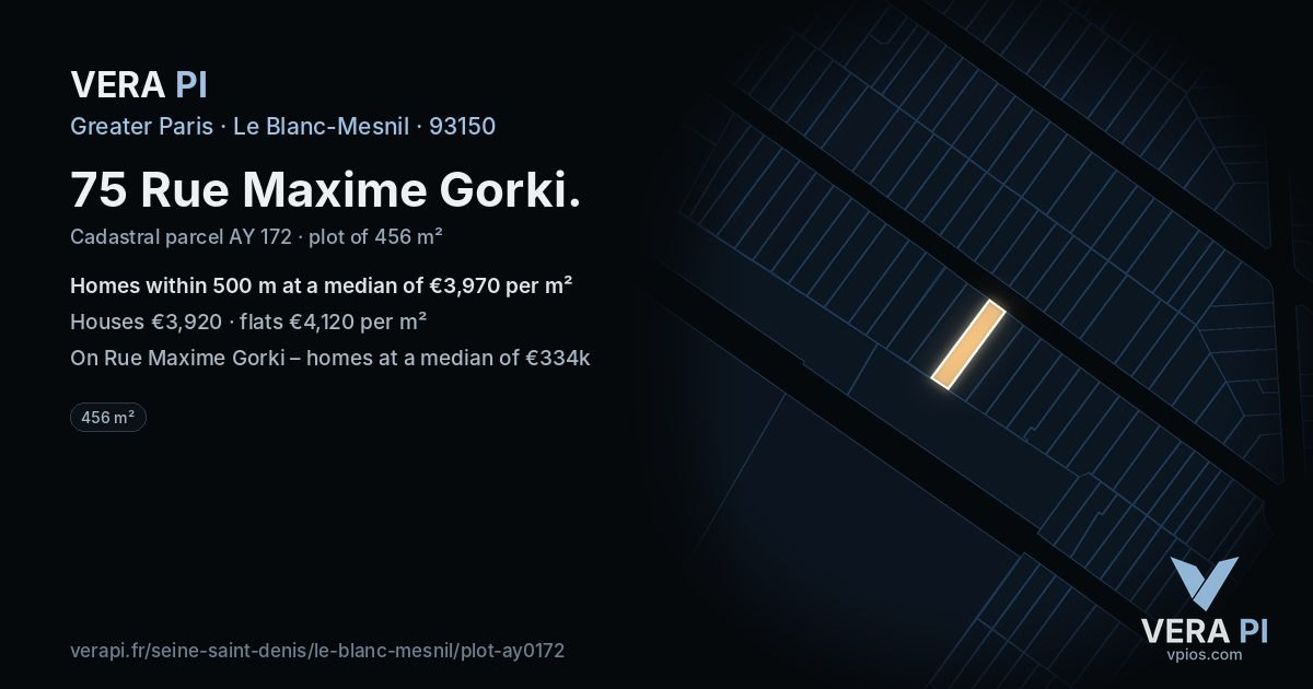 75 Rue Maxime Gorki, Le Blanc-Mesnil at night – the plot lit, the parcels around coloured by the prices near them
