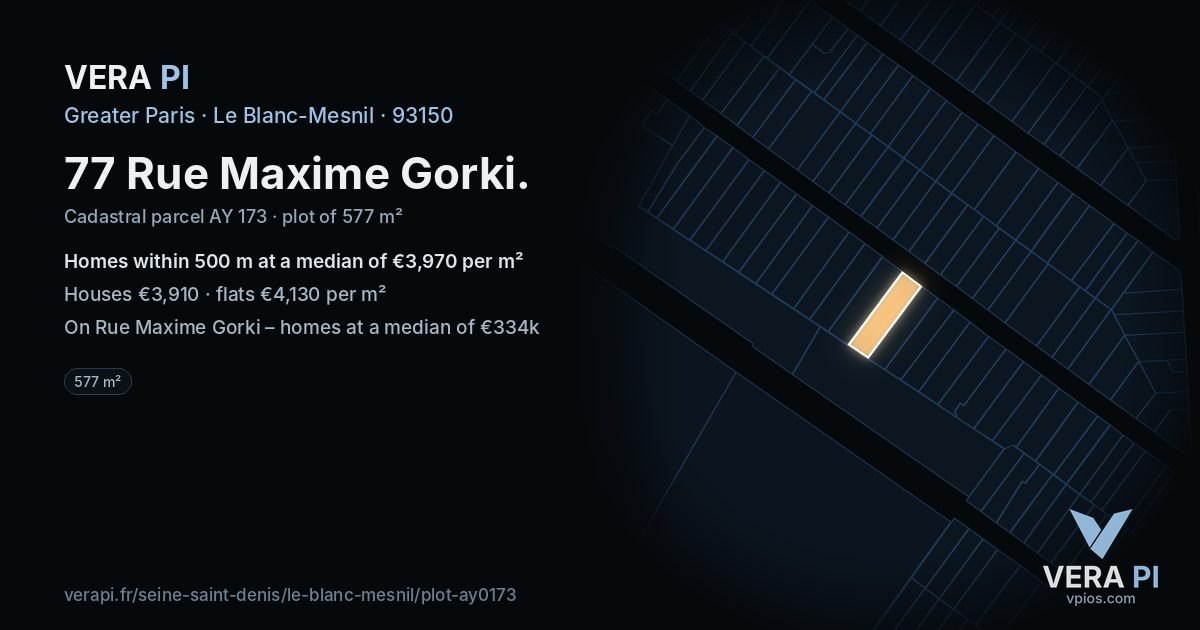 77 Rue Maxime Gorki, Le Blanc-Mesnil at night – the plot lit, the parcels around coloured by the prices near them