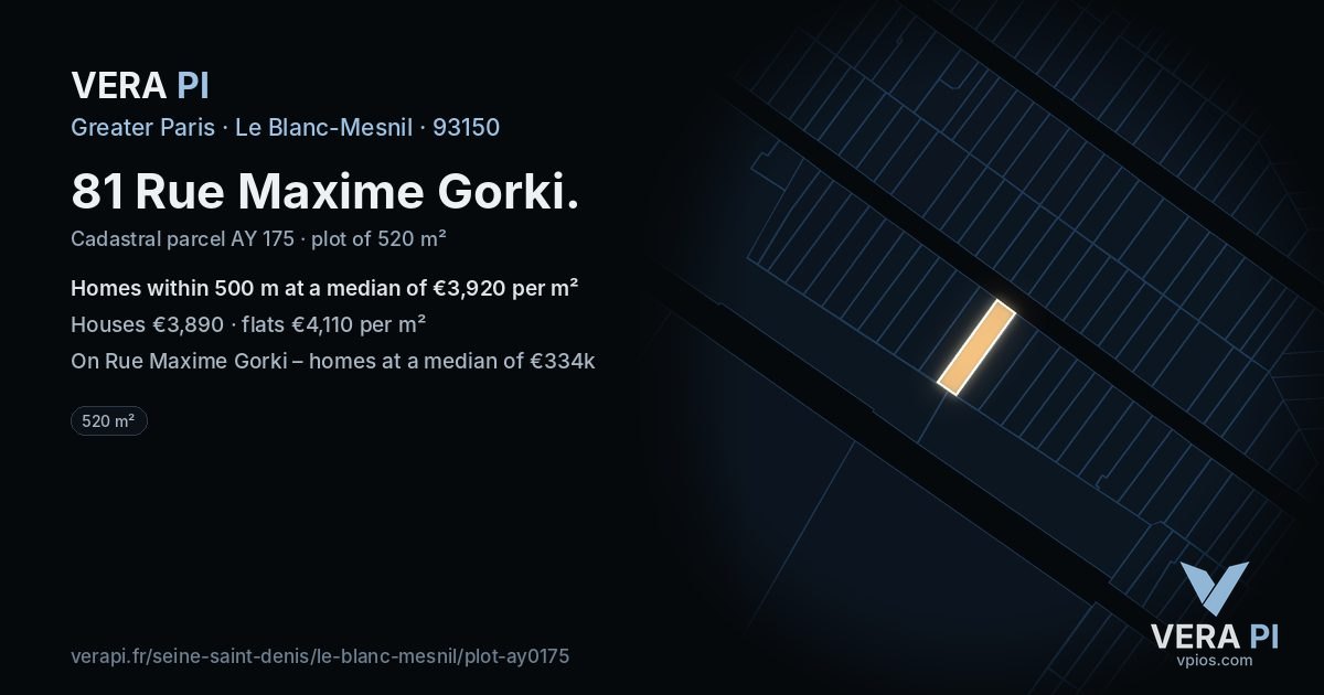 81 Rue Maxime Gorki, Le Blanc-Mesnil at night – the plot lit, the parcels around coloured by the prices near them