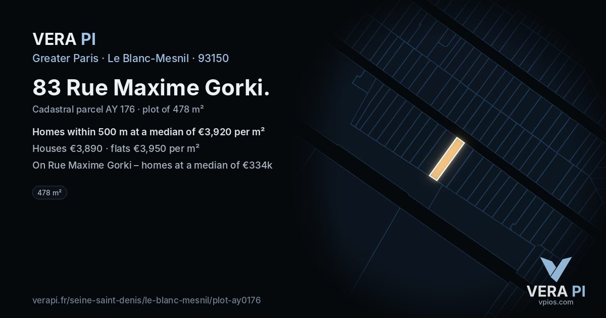 83 Rue Maxime Gorki, Le Blanc-Mesnil at night – the plot lit, the parcels around coloured by the prices near them