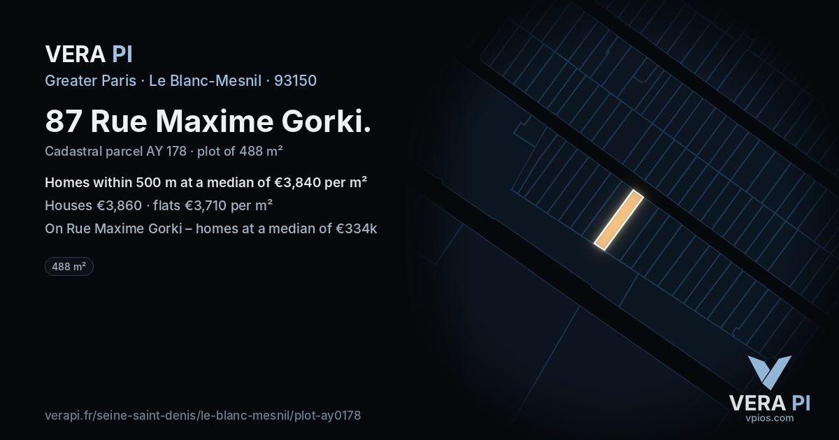 87 Rue Maxime Gorki, Le Blanc-Mesnil at night – the plot lit, the parcels around coloured by the prices near them