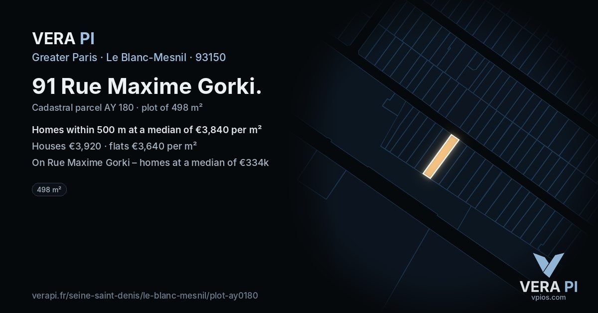 91 Rue Maxime Gorki, Le Blanc-Mesnil at night – the plot lit, the parcels around coloured by the prices near them