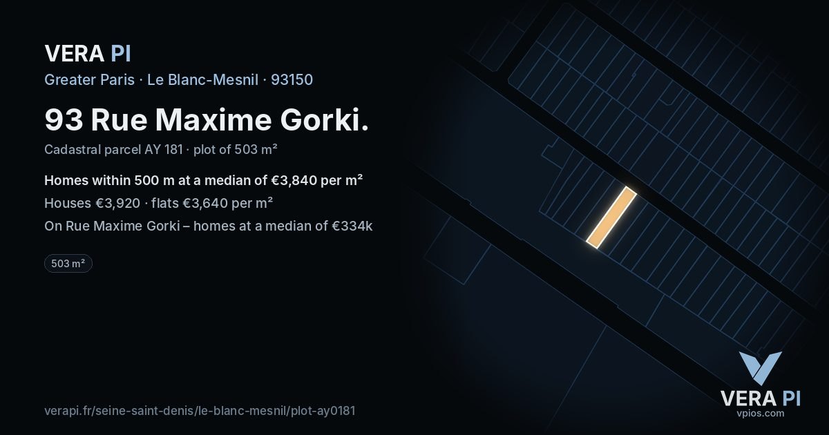 93 Rue Maxime Gorki, Le Blanc-Mesnil at night – the plot lit, the parcels around coloured by the prices near them