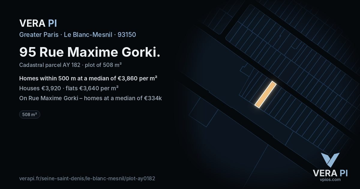 95 Rue Maxime Gorki, Le Blanc-Mesnil at night – the plot lit, the parcels around coloured by the prices near them