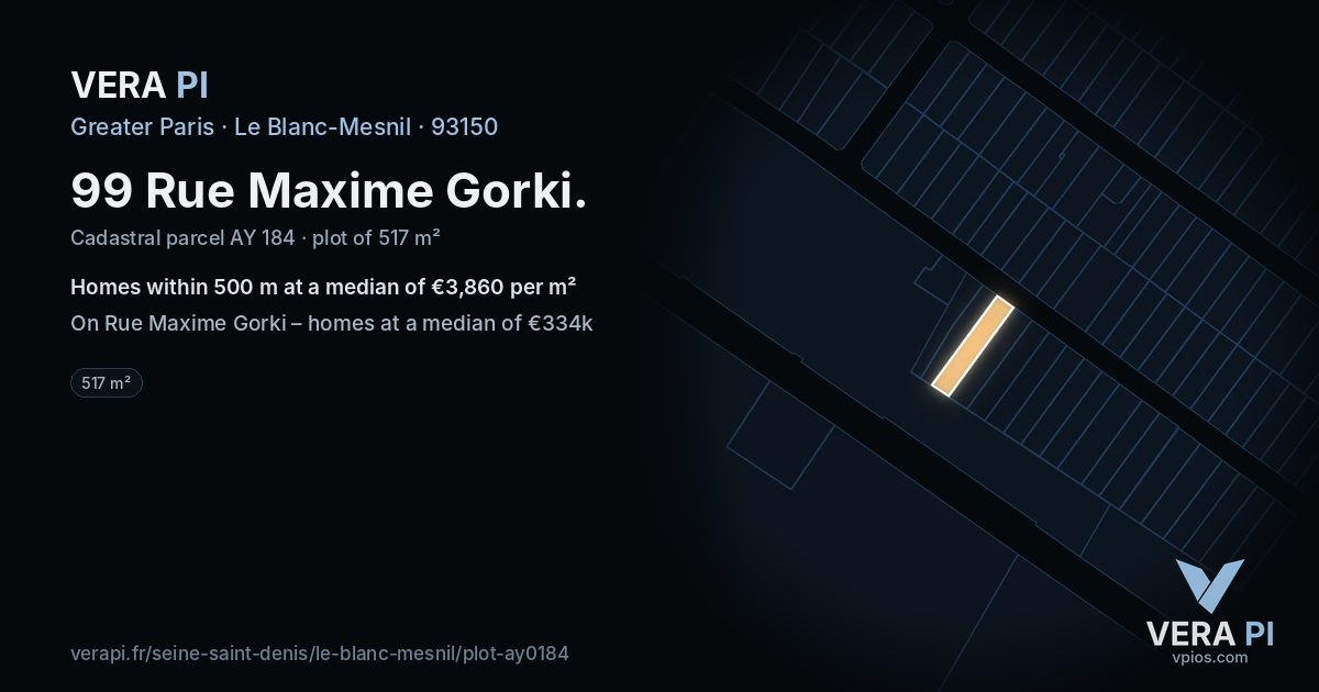 99 Rue Maxime Gorki, Le Blanc-Mesnil at night – the plot lit, the parcels around coloured by the prices near them