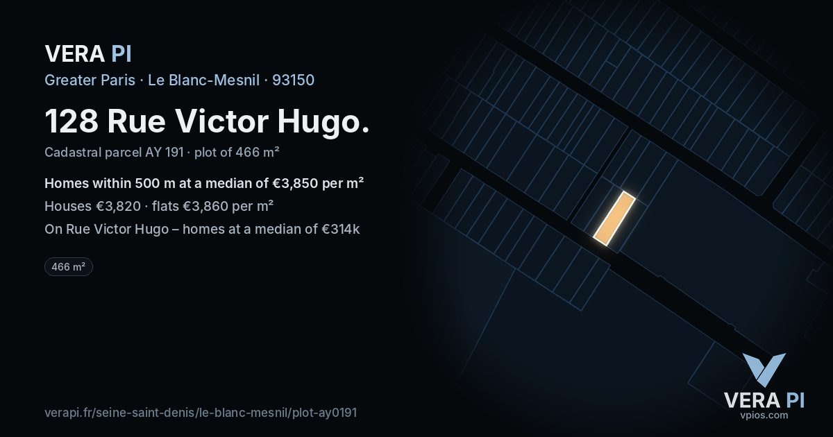 128 Rue Victor Hugo, Le Blanc-Mesnil at night – the plot lit, the parcels around coloured by the prices near them