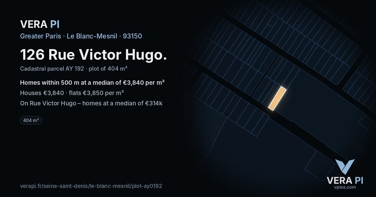 126 Rue Victor Hugo, Le Blanc-Mesnil at night – the plot lit, the parcels around coloured by the prices near them