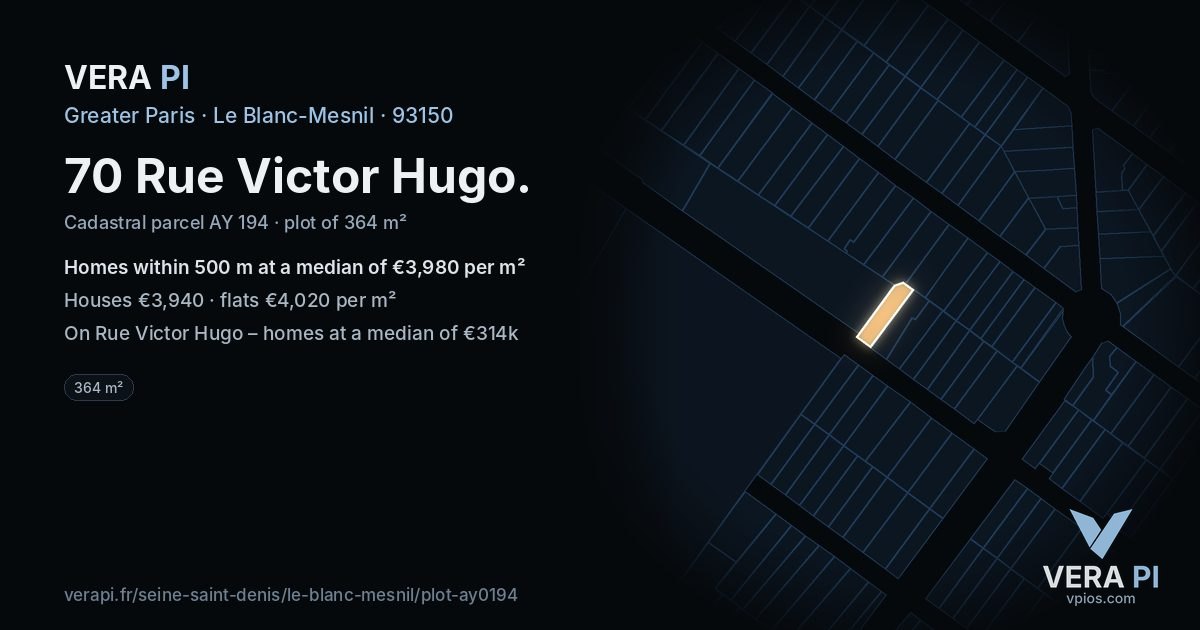 70 Rue Victor Hugo, Le Blanc-Mesnil at night – the plot lit, the parcels around coloured by the prices near them