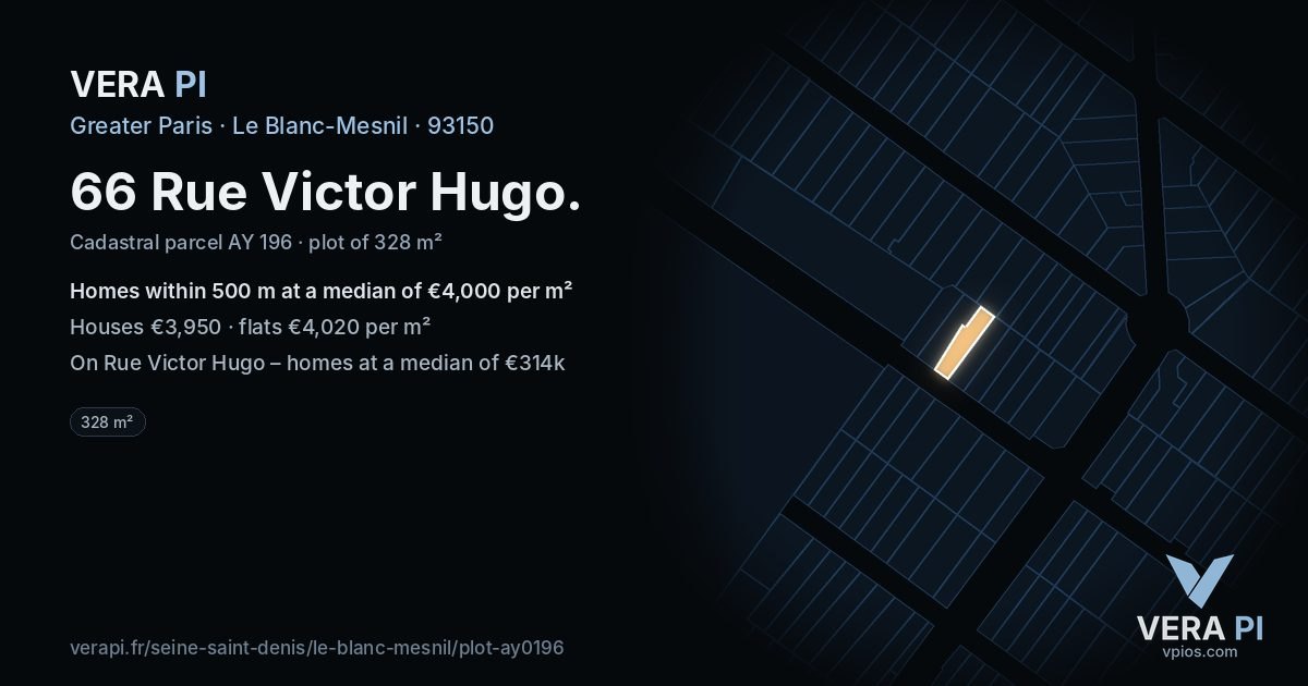 66 Rue Victor Hugo, Le Blanc-Mesnil at night – the plot lit, the parcels around coloured by the prices near them