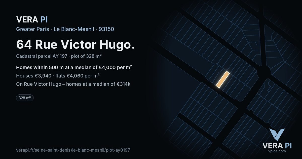64 Rue Victor Hugo, Le Blanc-Mesnil at night – the plot lit, the parcels around coloured by the prices near them