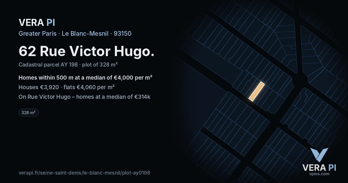 62 Rue Victor Hugo, Le Blanc-Mesnil at night – the plot lit, the parcels around coloured by the prices near them
