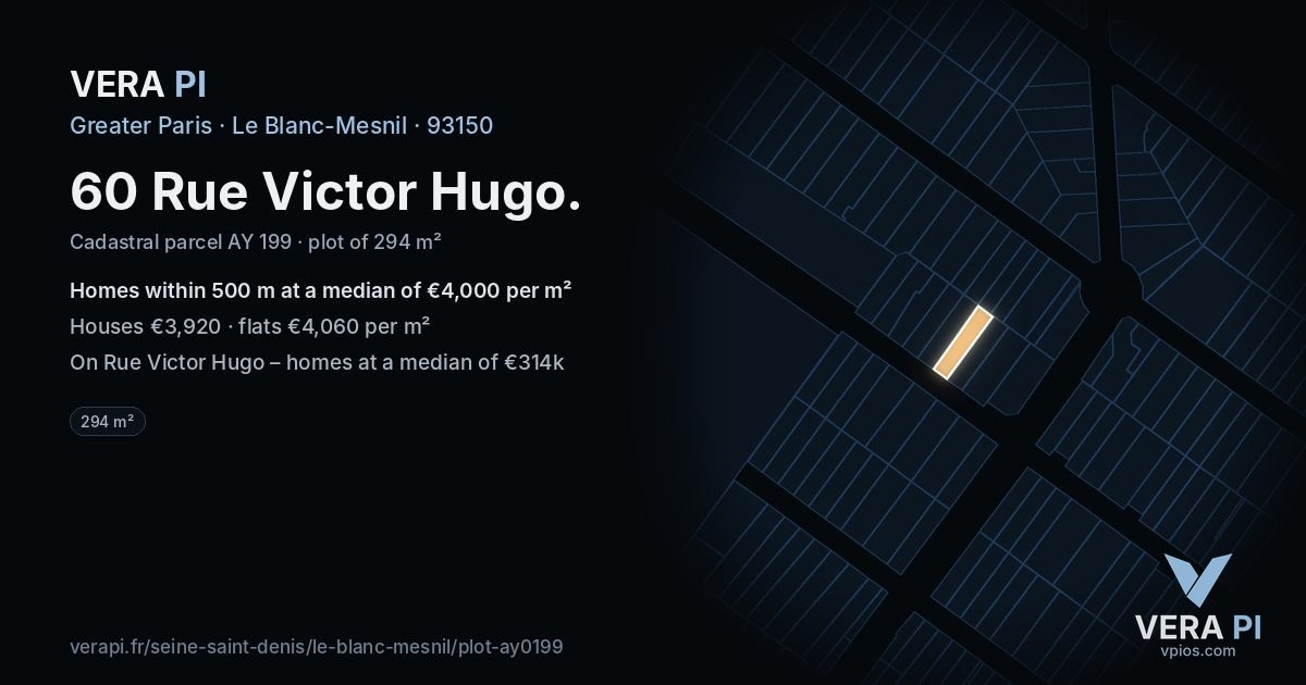 60 Rue Victor Hugo, Le Blanc-Mesnil at night – the plot lit, the parcels around coloured by the prices near them