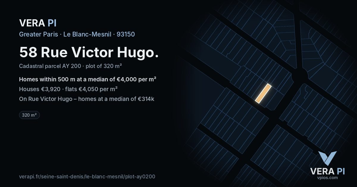 58 Rue Victor Hugo, Le Blanc-Mesnil at night – the plot lit, the parcels around coloured by the prices near them