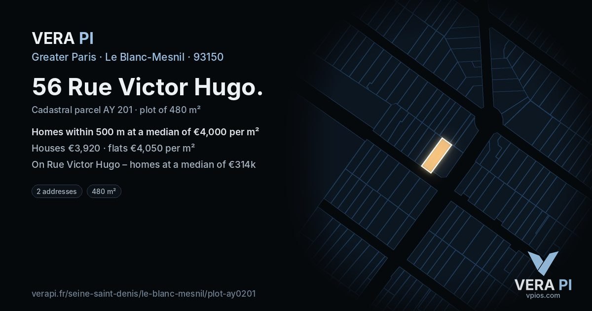 56 Rue Victor Hugo, Le Blanc-Mesnil at night – the plot lit, the parcels around coloured by the prices near them