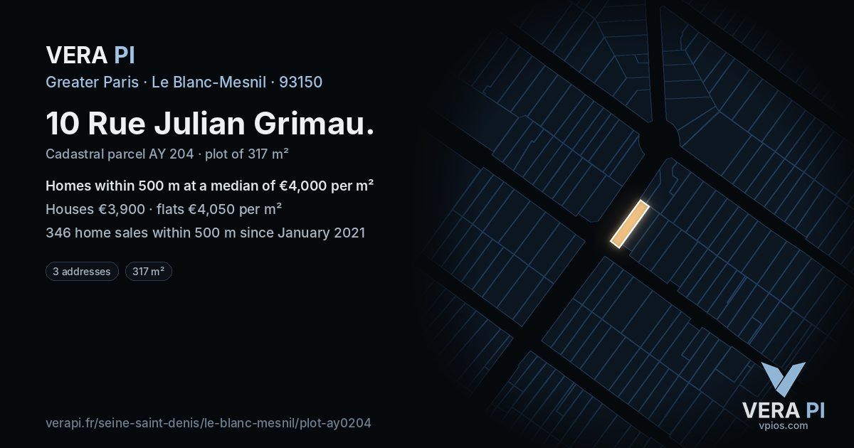 10 Rue Julian Grimau, Le Blanc-Mesnil at night – the plot lit, the parcels around coloured by the prices near them