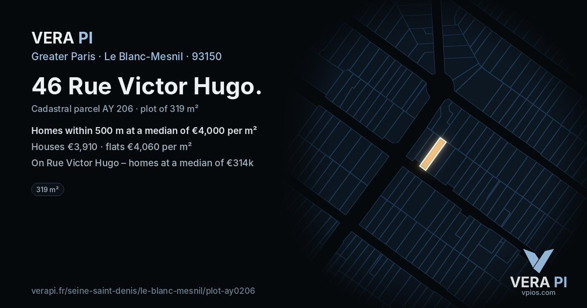 46 Rue Victor Hugo, Le Blanc-Mesnil at night – the plot lit, the parcels around coloured by the prices near them