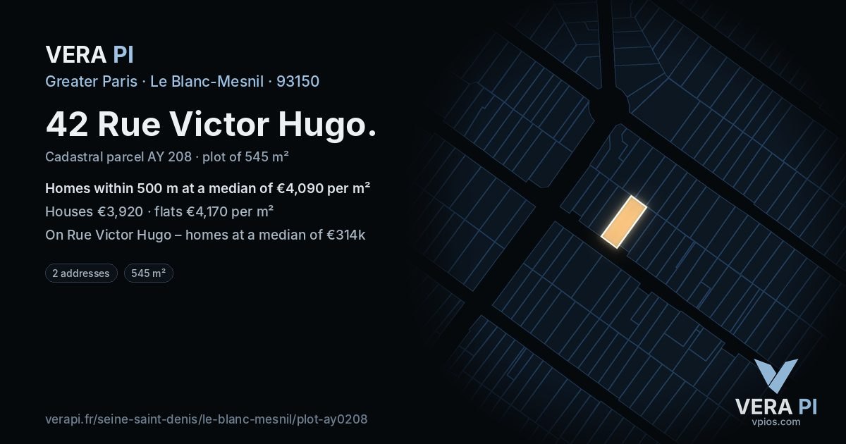 42 Rue Victor Hugo, Le Blanc-Mesnil at night – the plot lit, the parcels around coloured by the prices near them