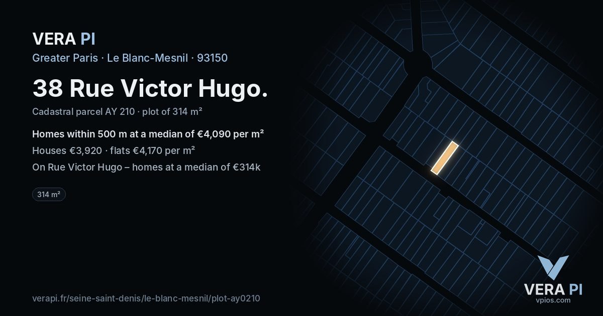 38 Rue Victor Hugo, Le Blanc-Mesnil at night – the plot lit, the parcels around coloured by the prices near them