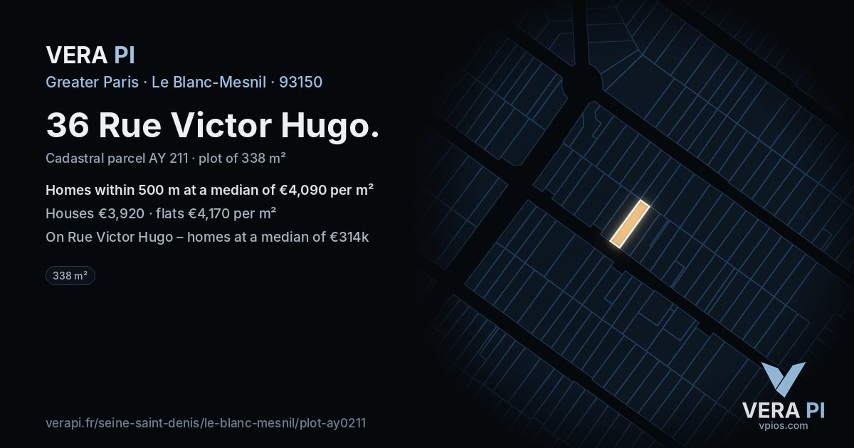 36 Rue Victor Hugo, Le Blanc-Mesnil at night – the plot lit, the parcels around coloured by the prices near them