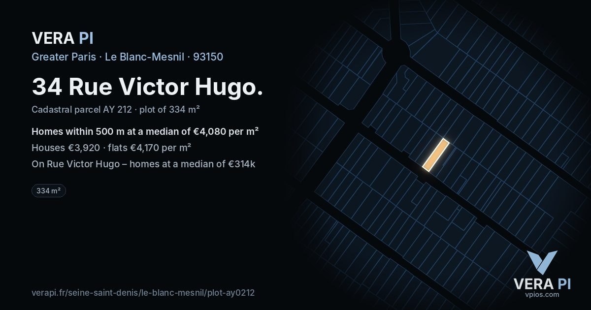 34 Rue Victor Hugo, Le Blanc-Mesnil at night – the plot lit, the parcels around coloured by the prices near them