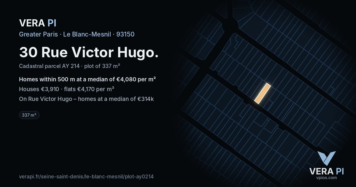 30 Rue Victor Hugo, Le Blanc-Mesnil at night – the plot lit, the parcels around coloured by the prices near them