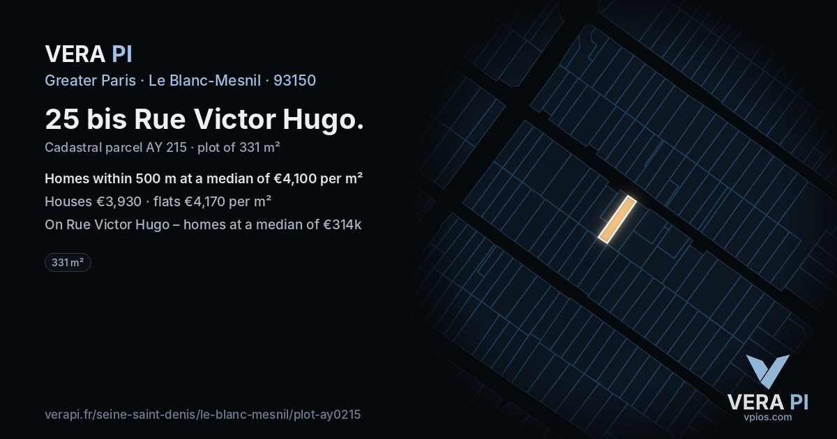 25 bis Rue Victor Hugo, Le Blanc-Mesnil at night – the plot lit, the parcels around coloured by the prices near them