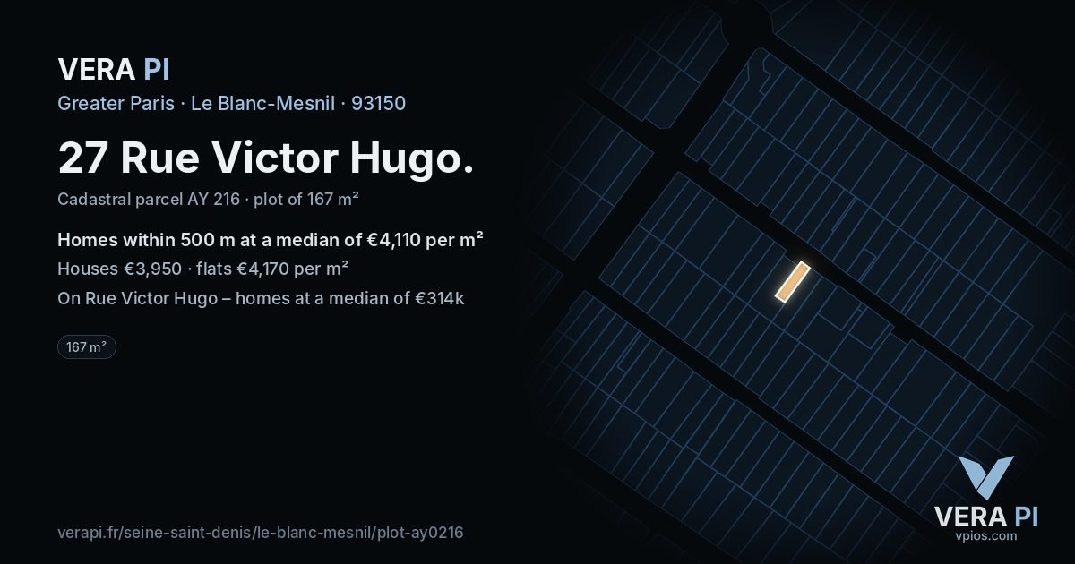 27 Rue Victor Hugo, Le Blanc-Mesnil at night – the plot lit, the parcels around coloured by the prices near them