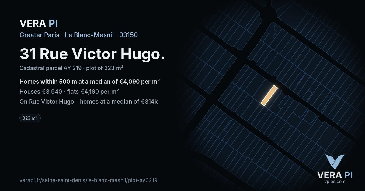 31 Rue Victor Hugo, Le Blanc-Mesnil at night – the plot lit, the parcels around coloured by the prices near them