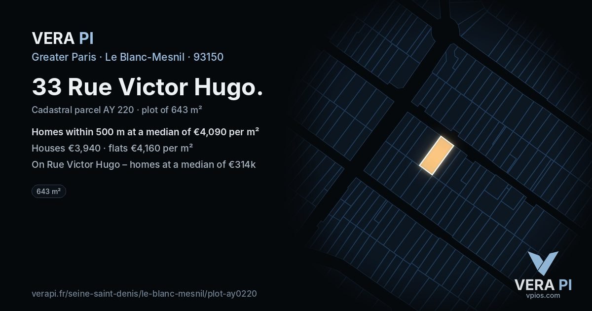 33 Rue Victor Hugo, Le Blanc-Mesnil at night – the plot lit, the parcels around coloured by the prices near them