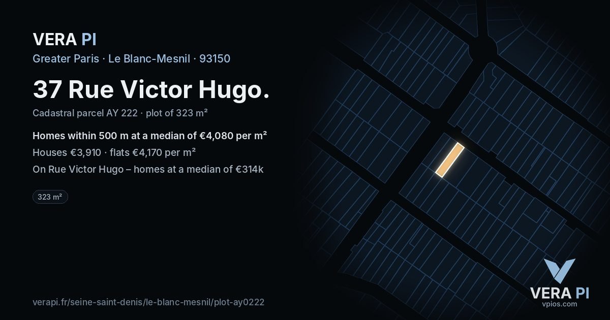37 Rue Victor Hugo, Le Blanc-Mesnil at night – the plot lit, the parcels around coloured by the prices near them