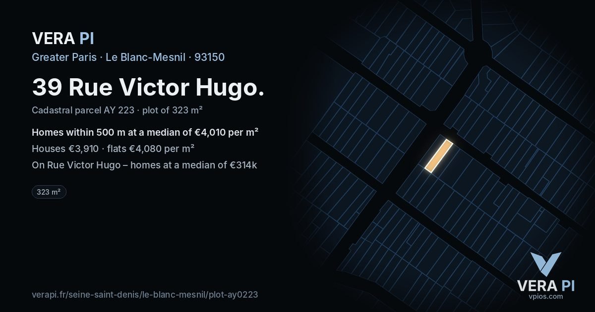 39 Rue Victor Hugo, Le Blanc-Mesnil at night – the plot lit, the parcels around coloured by the prices near them