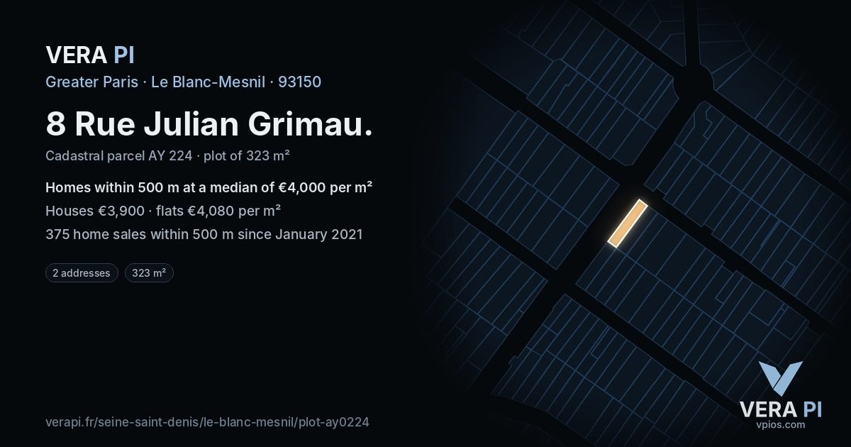 8 Rue Julian Grimau, Le Blanc-Mesnil at night – the plot lit, the parcels around coloured by the prices near them