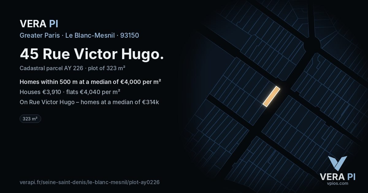 45 Rue Victor Hugo, Le Blanc-Mesnil at night – the plot lit, the parcels around coloured by the prices near them