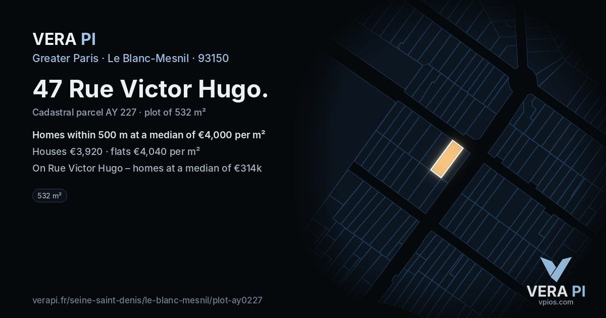 47 Rue Victor Hugo, Le Blanc-Mesnil at night – the plot lit, the parcels around coloured by the prices near them