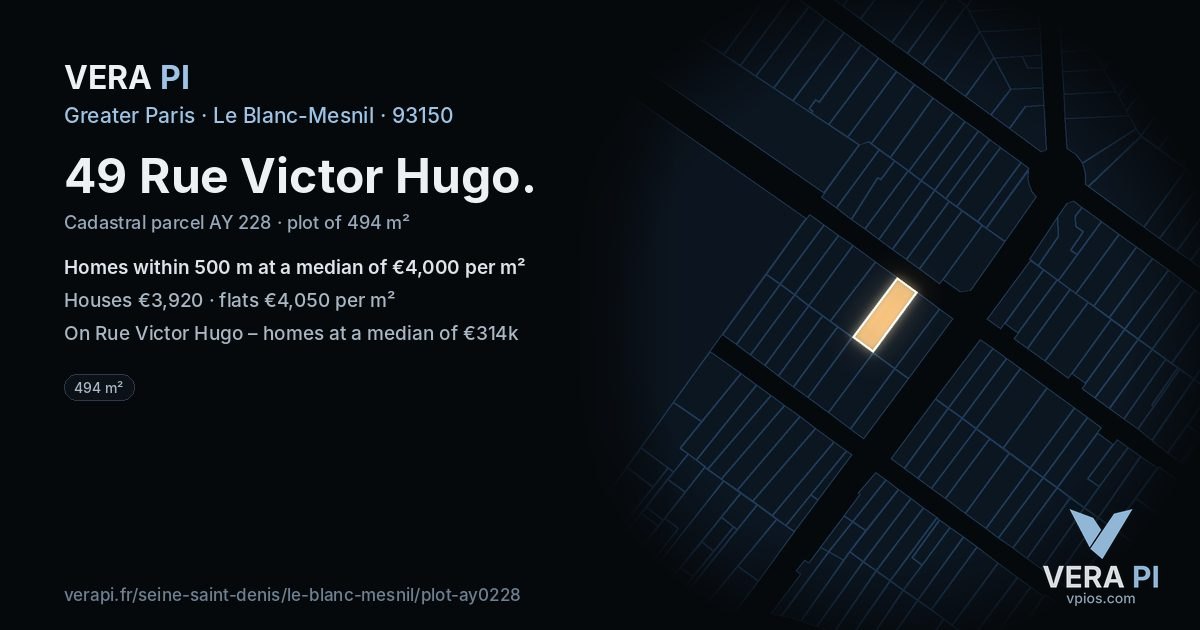 49 Rue Victor Hugo, Le Blanc-Mesnil at night – the plot lit, the parcels around coloured by the prices near them