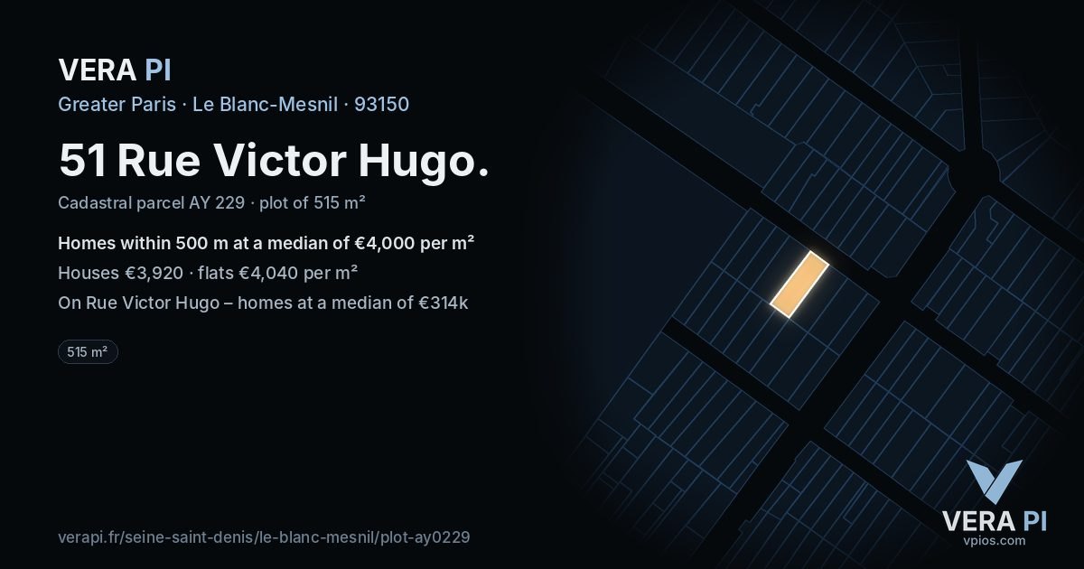 51 Rue Victor Hugo, Le Blanc-Mesnil at night – the plot lit, the parcels around coloured by the prices near them