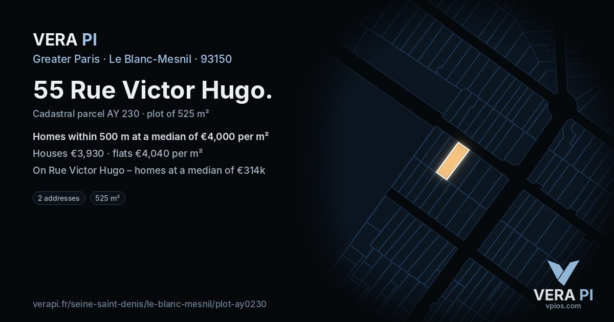 55 Rue Victor Hugo, Le Blanc-Mesnil at night – the plot lit, the parcels around coloured by the prices near them