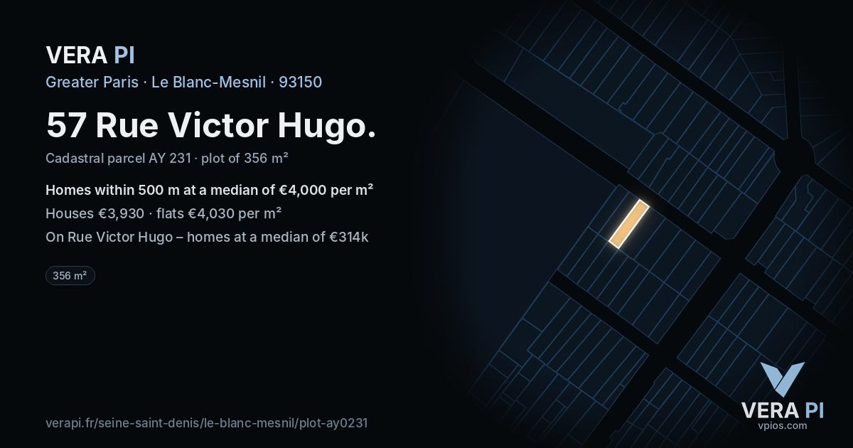 57 Rue Victor Hugo, Le Blanc-Mesnil at night – the plot lit, the parcels around coloured by the prices near them