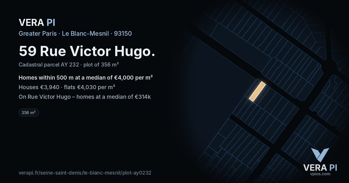 59 Rue Victor Hugo, Le Blanc-Mesnil at night – the plot lit, the parcels around coloured by the prices near them