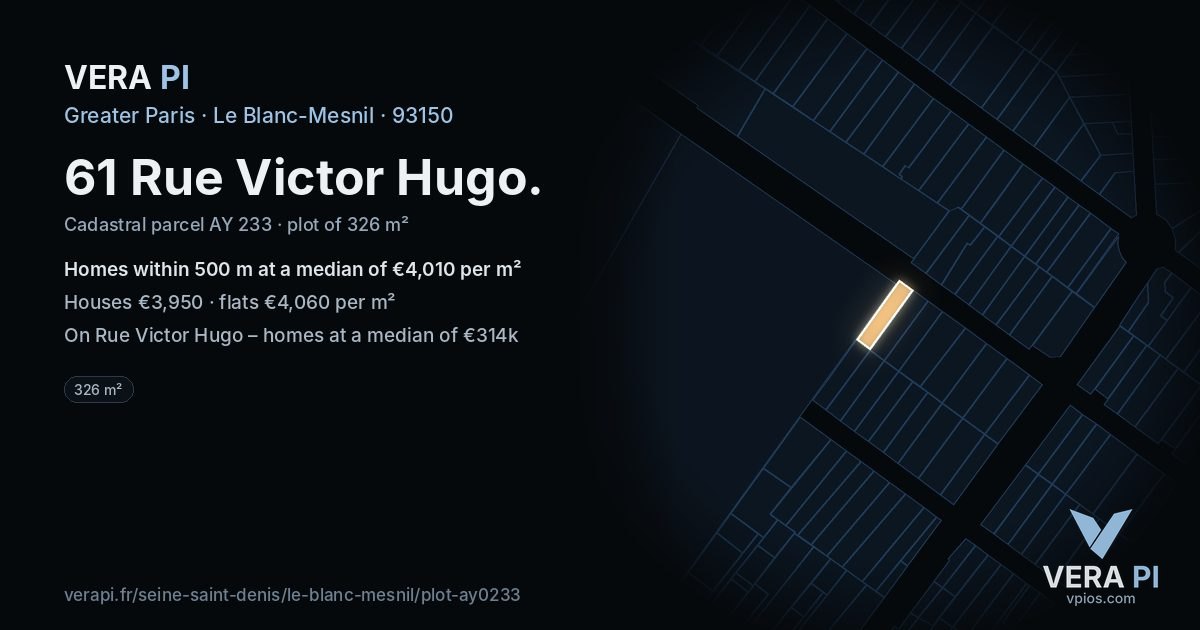 61 Rue Victor Hugo, Le Blanc-Mesnil at night – the plot lit, the parcels around coloured by the prices near them
