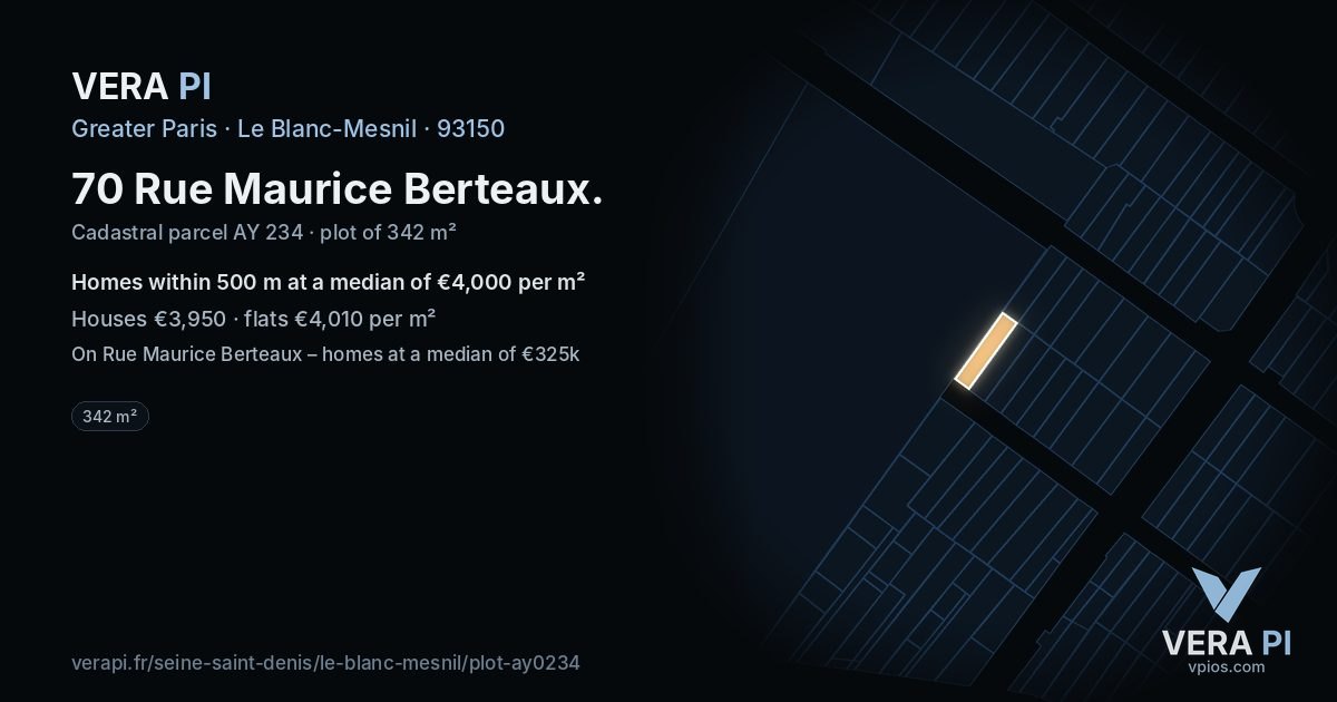 70 Rue Maurice Berteaux, Le Blanc-Mesnil at night – the plot lit, the parcels around coloured by the prices near them