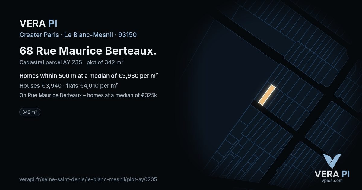 68 Rue Maurice Berteaux, Le Blanc-Mesnil at night – the plot lit, the parcels around coloured by the prices near them