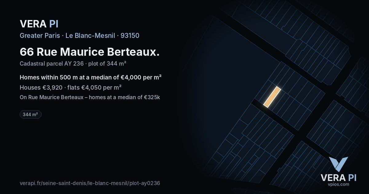 66 Rue Maurice Berteaux, Le Blanc-Mesnil at night – the plot lit, the parcels around coloured by the prices near them