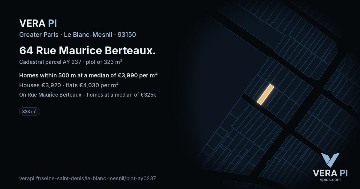 64 Rue Maurice Berteaux, Le Blanc-Mesnil at night – the plot lit, the parcels around coloured by the prices near them