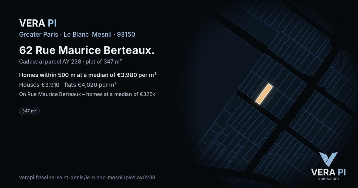 62 Rue Maurice Berteaux, Le Blanc-Mesnil at night – the plot lit, the parcels around coloured by the prices near them